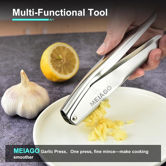 MEIAGO Garlic Press, Stainless Steel Garlic & Ginger Crusher, with Built-In Cleaner, Rust Resistant, No Peel, Large Capacity, Easy Clean，Dishwasher Safe，Silver