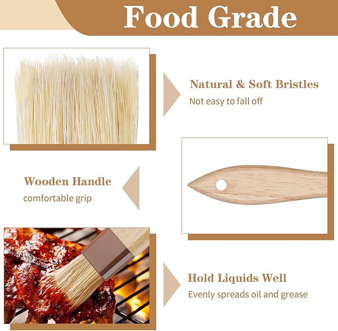 2 Pcs Natural Bristle Pastry Brush, Beech Wooden Handle Basting and BBQ Brushes for Cooking, Butter, Oil, Marinade, Grilling & Baking, Kitchen Food Brush (1.5 inch & 2 inch)