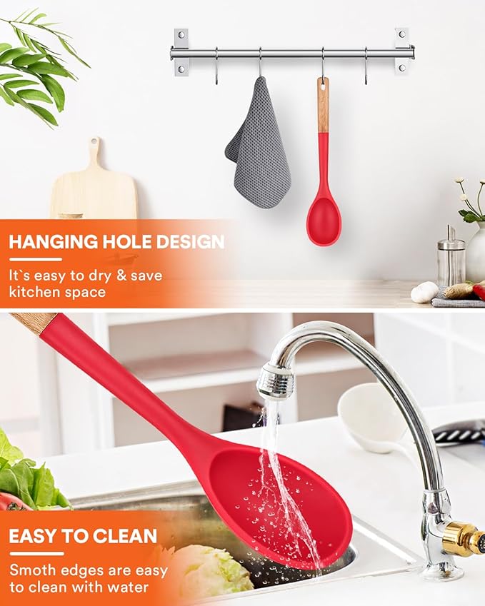 Badiano Large Silicone Cooking Spoons, Nonstick Solid Wooden Handle,13.2in