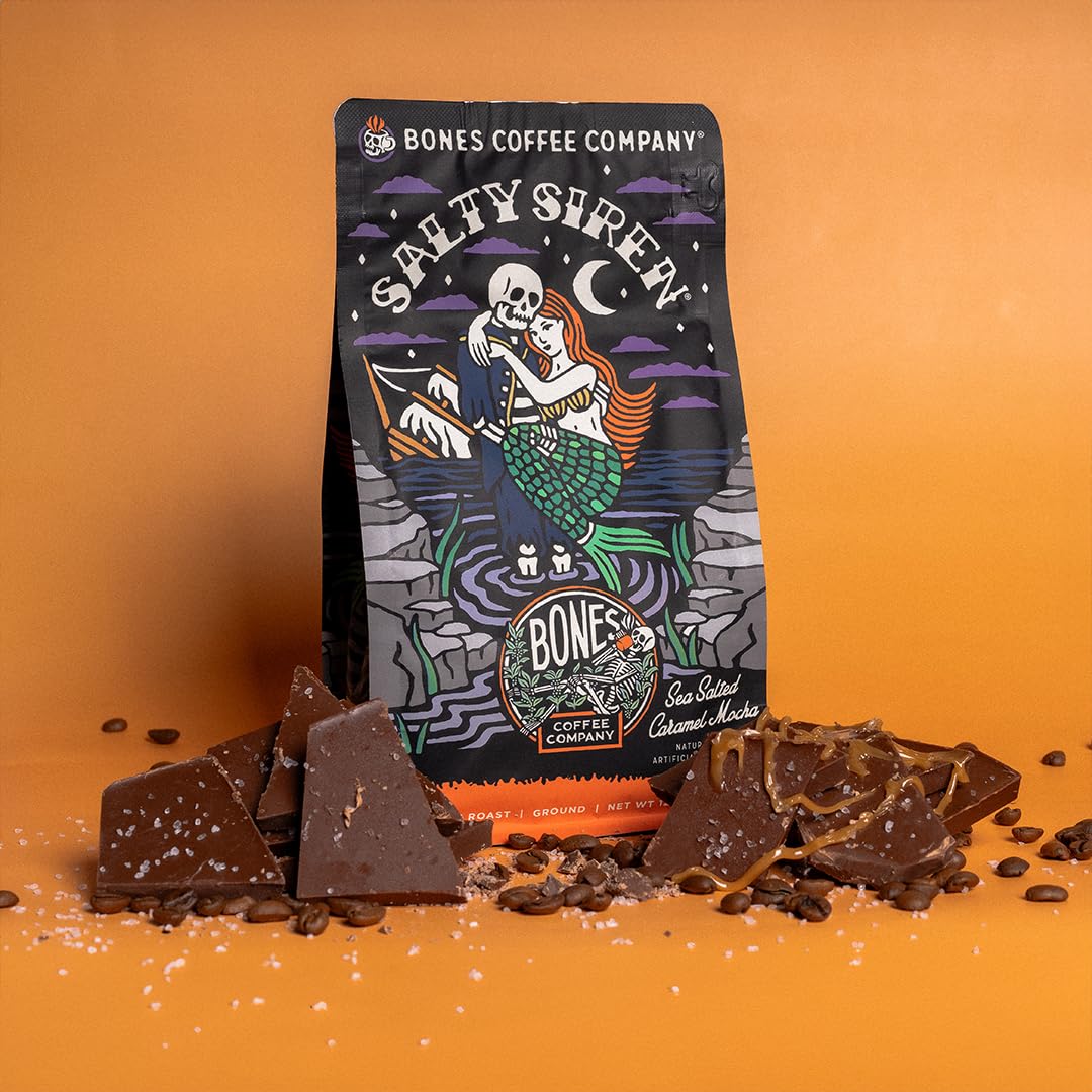 Bones Coffee Company Salty Siren, Sea Salted Caramel Chocolate Flavored Coffee, Medium Roast Low Acid Arabica Beans Compatible with Auto drip and French Press Coffee Maker, 12 Oz Whole Bean