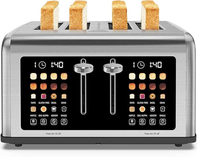 4 Slice Toaster Touch Screen, Stainless Steel Toasters Digital Timer, Dual Control Panel Toasters, 8 Shade Settings 6 Bread Types for Bagel, Cancel, Defrost 1650W Silver