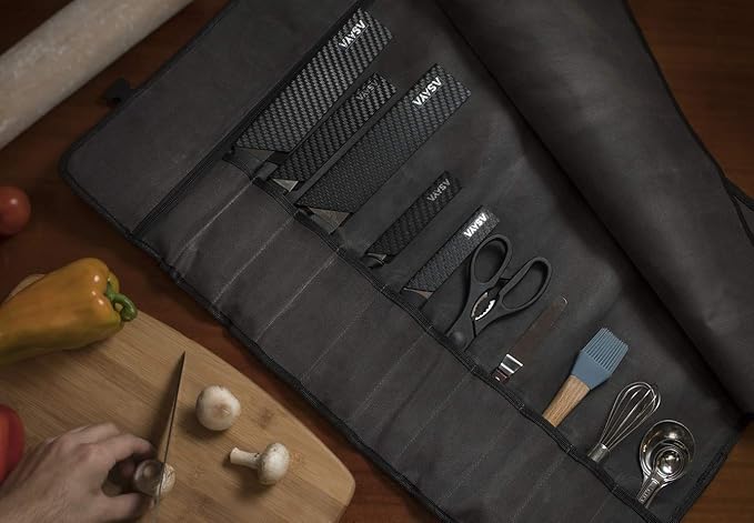 Asaya Waxed Canvas Chef Knife Roll Bag with 10 Slots and a Zipper Pocket - Professional Chef Knife Bag & Storage Case, with Shoulder Strap - Knives Not Included (Grey)