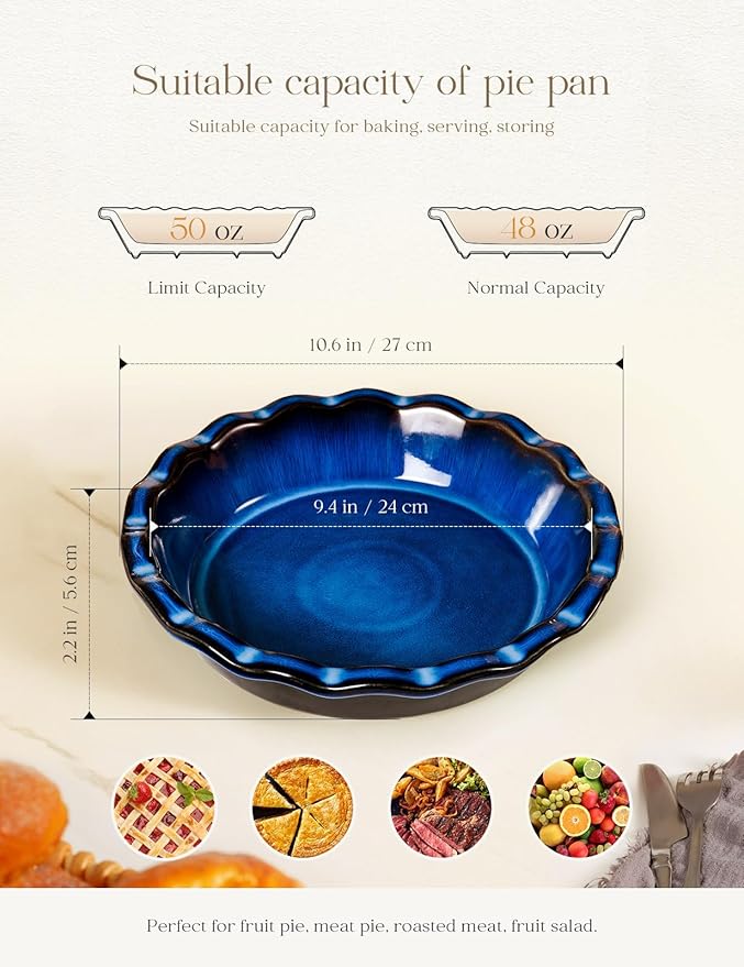 Pie Pan for Baking 9 Inch Ceramic Pie Dish for Apple Pie, Quiche, 48oz Blue