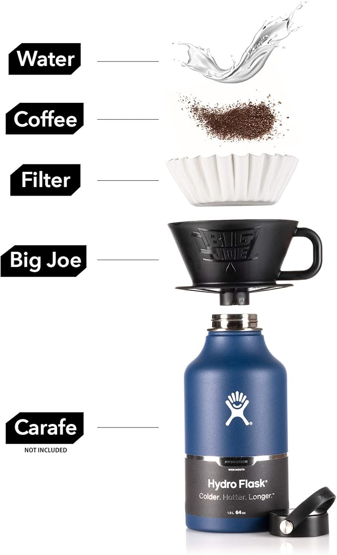 BIG JOE® Large Pour Over Coffee Dripper (Durable BPA-Free Plastic) w/ 50 Filters - Brews 12 to 75 oz of Coffee into Any Mug, Carafe, or Thermos - Dishwasher Safe - Made in USA