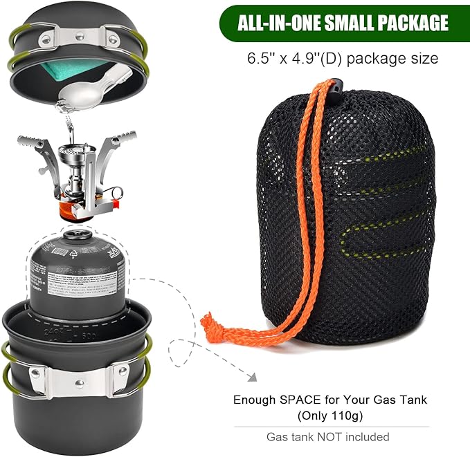 Odoland 8pcs Camping Cookware Mess Kit, Camping Pot and Pan Set with Mini Backpacking Stove, Stainless Steel Cup, Spork and Tank Bracket, Cooking Gear for Outdoor, Hiking, Picnic, Campfire, Green