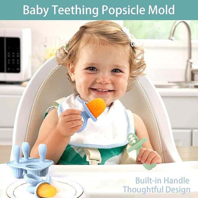 Silicone Baby Ice Pop Molds with Easy-Grip Handles, 4-Cavity Frozen Food Feeder Tray for Toddlers, Mini Popsicle Maker for Feeding Stage, Fruit Puree & Breast Milk Snacks(Beige)