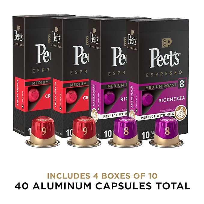 Peet's Coffee, Medium Roast Espresso Capsules Variety Pack, Compatible with Nespresso Original Machine, 100% Arabica Coffee - Intensity 8-9, 40 Count (4 Boxes of 10 Espresso Capsules)