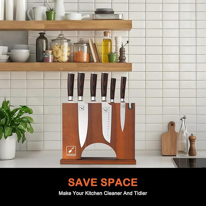 Imarku Magnetic Knife Block with Built-in Handle, Double Sided Acacia Wood Magnetic Knife Holder for Kitchen Counter, Magnetic Knife Storage Stand with Knife Sharpener, Easy to Clean & Move