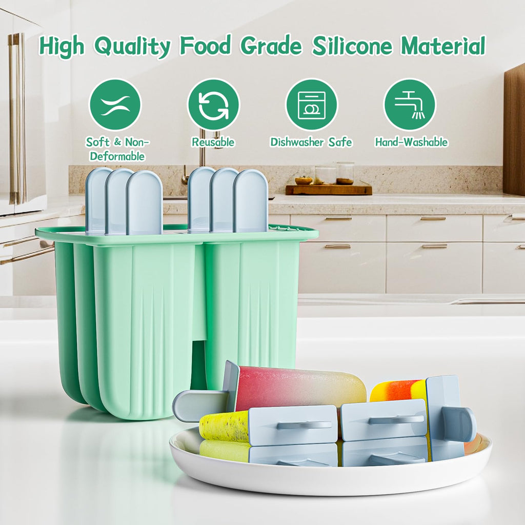 Bongpuda 6 Pieces Silicone Popsicle Molds,Easy-Release BPA-Free,Ice Pop Mold Ice Cream Molds For Kids,With 6 PCS Plastic Stick+Cleaning Brush (Mint Green)
