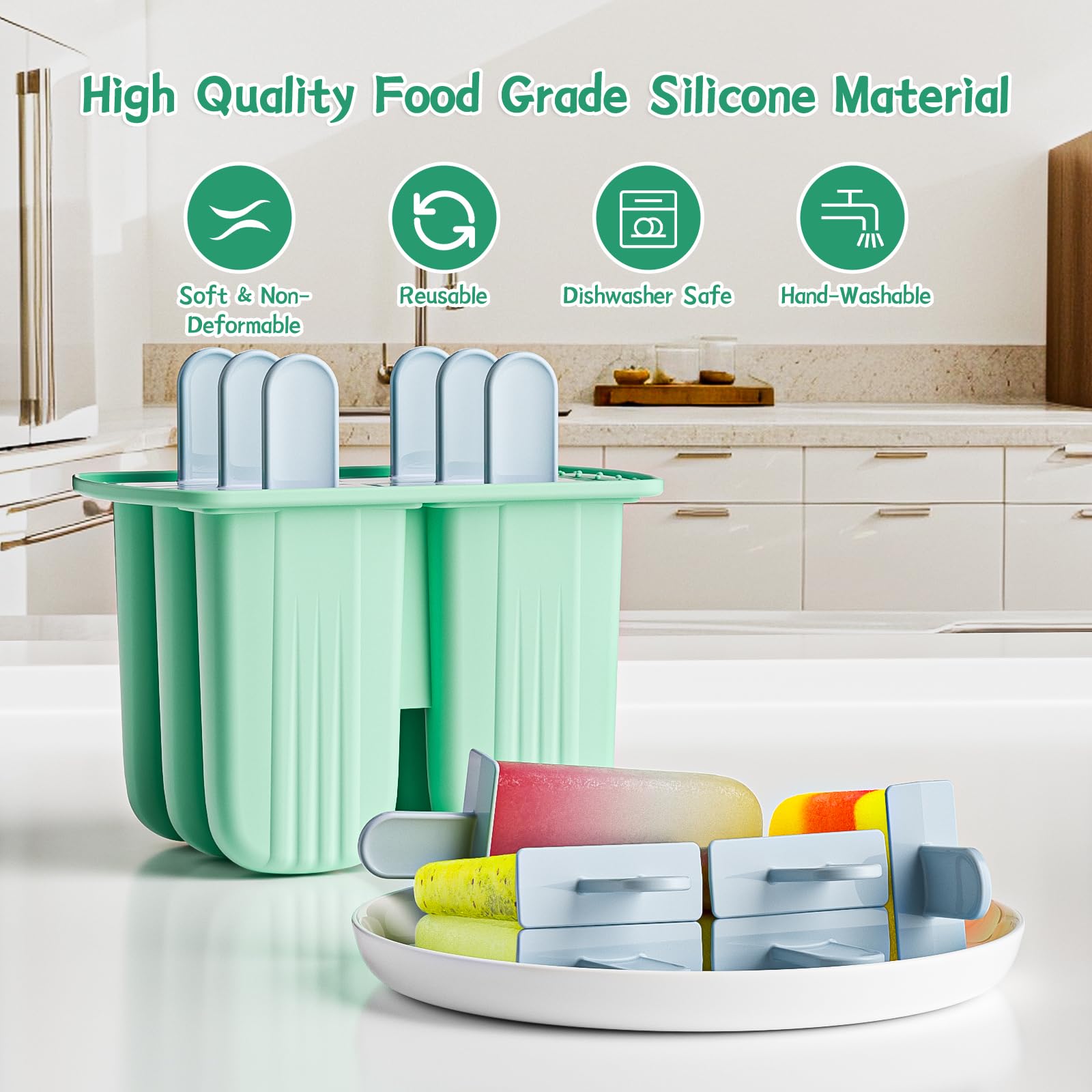 Bongpuda 6 Pieces Silicone Popsicle Molds,Easy-Release BPA-Free,Ice Pop Mold Ice Cream Molds For Kids,With 6 PCS Plastic Stick+Cleaning Brush (Mint Green)