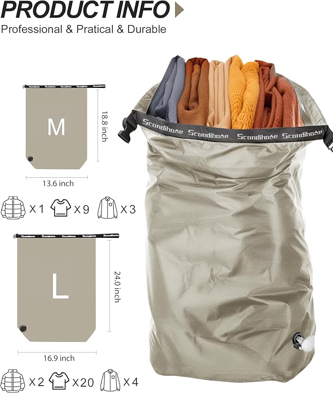Compression Travel Laundry Bag for Dirty Clothes, Pump-Free Laundry Bag for Suitcase & Dorm, Waterproof Wet Dry Clothes Organizer, Large Capacity Space Saving Travel Bag (1 Pcs)(Gray, M)