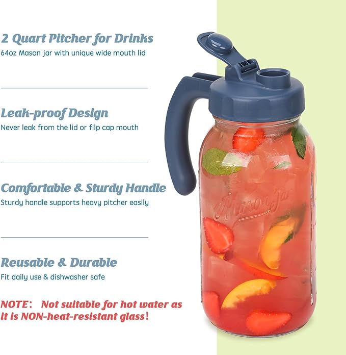 SOLIGT 2 Quart Glass Mason Jar Pitchers with Lids, Navy & Yellow, 2 Pack