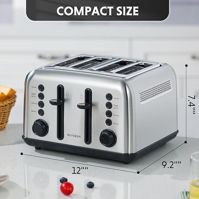 BUYDEEM DT640 4-Slice Toaster, 7 Shade Settings, Extra Wide 1.5’’ Slots for Bagel & English Muffin, 6 Toasting Functions, Retro Stainless Steel Toaster with High Lift Lever, 1800W, Retro Silver