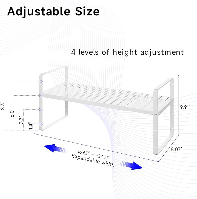 KIKIBRO Expandable Kitchen Shelf Organizers, Kitchen Cabinet Organizer Stand Rack Organization for Countertop Cupborad Pantry, White 2 Pack