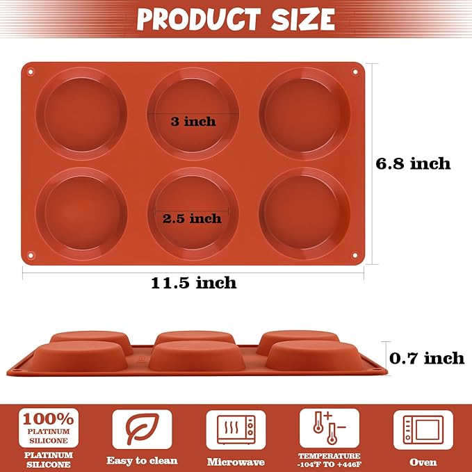 Sakolla 3 Pack Muffin Top Pans, 6 Cavities Silicone Egg Molds for Breakfast Sandwiches, Whoopie Pies, Hamburger Bun, English Muffins, Tarts, Corn Bread (Brick Red)