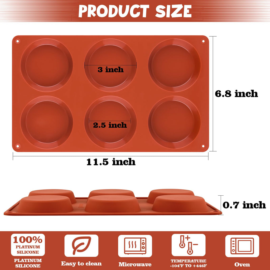Sakolla 3 Pack Muffin Top Pans, 6 Cavities Silicone Egg Molds for Breakfast Sandwiches, Whoopie Pies, Hamburger Bun, English Muffins, Tarts, Corn Bread (Brick Red)