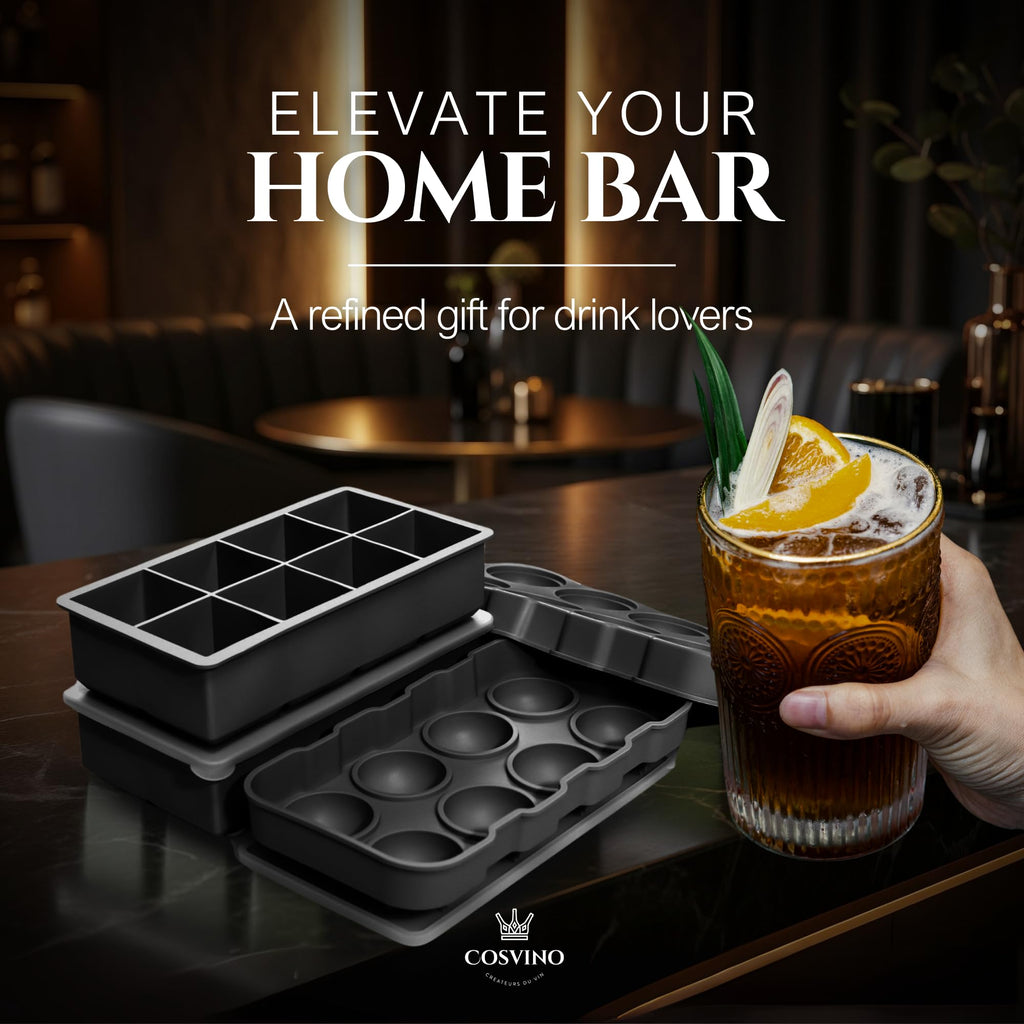 Large Ice Cube Trays Perfect for Whiskey and Summer Drinks - Italian Design - 2 Pack (16 x Ice Cubes | Square and Round | XL size) - Cosvino - Removable Lid, Easy Release (Tuxedo Black)