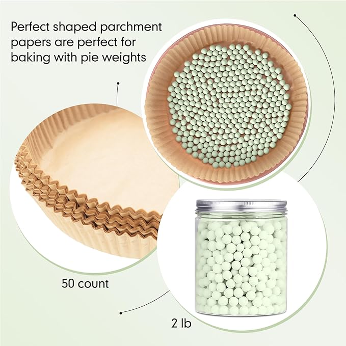 1 Pack 2 lb Light Green Pie Weights for Baking Crust Reusable Ceramic Blind Baking Beans Stoneware with 50 Pcs Disposable Parchment Paper Pie Liner Fit 8, 9, 10 Inch Dish with Storage Bottle and Bag