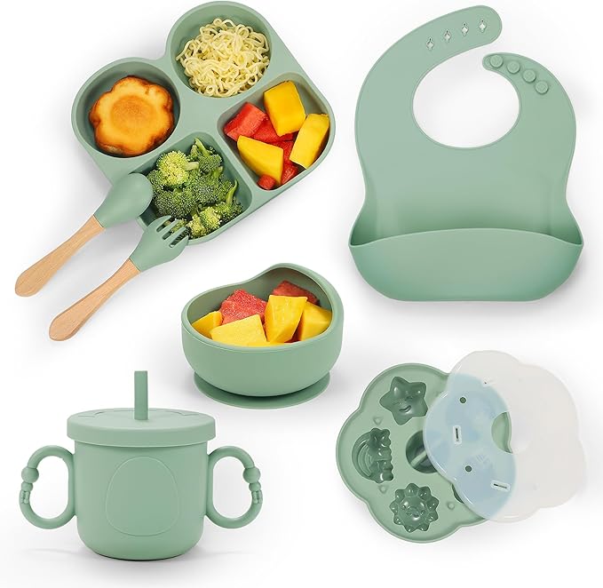 MIICASA Silicone Baby Feeding Set, Baby Led Weaning Supplies, Baby Food Tableware Silicone Suction Plate, Bowl, Spoons, Fork, Waterproof Bib, Cup & Complementary Food Cake Mold, Baby Eating Utensils