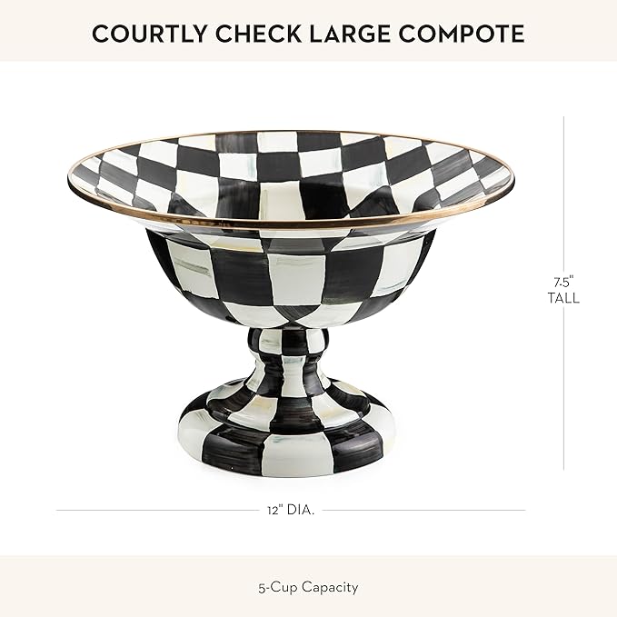 MACKENZIE-CHILDS Enamel Compote, Large, Black-and-White Courtly Check