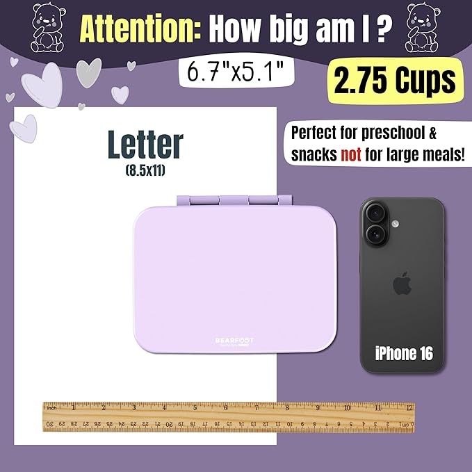 BEARFOOT Kids Lunch Box with Compartments – Compact & Lightweight | Leak-Proof, BPA-Free, Dishwasher Safe | Hand-Drawn Design for Preschool, School, Travel (Purple, 2.75 Cups)