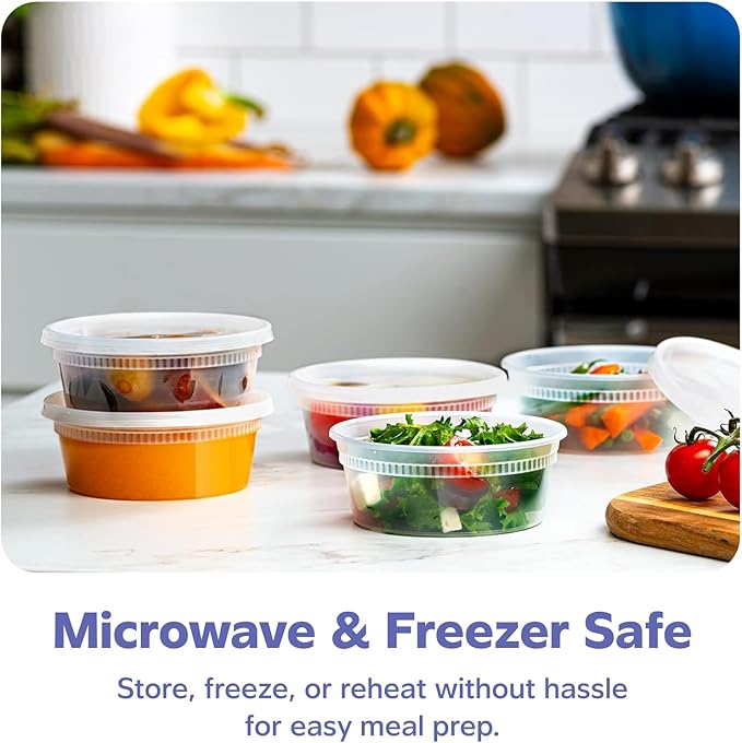 GUSTO 8 oz Plastic Deli Containers with Lids [48 Sets] Food Storage