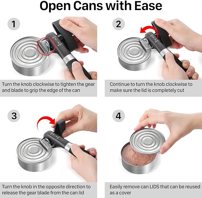 Beneno Can Opener, Manual Side Safe Cut Can Opener Smooth Edge, Black