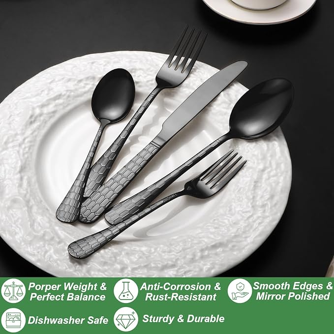 40 Pcs Black Silverware Set for 8, Food Grade Stainless Steel Flatware Set, Eating Utensils Sets Include Fork/Knife/Spoon, Reusable Cutlery Set for Home Kitchen, Dishwasher Safe, Round Hammered