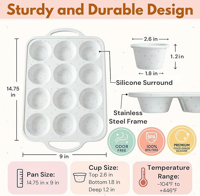 BAKE BOSS Silicone Muffin Pan for Baking, 1-Pack Regular 12 Cup, BPA-Free