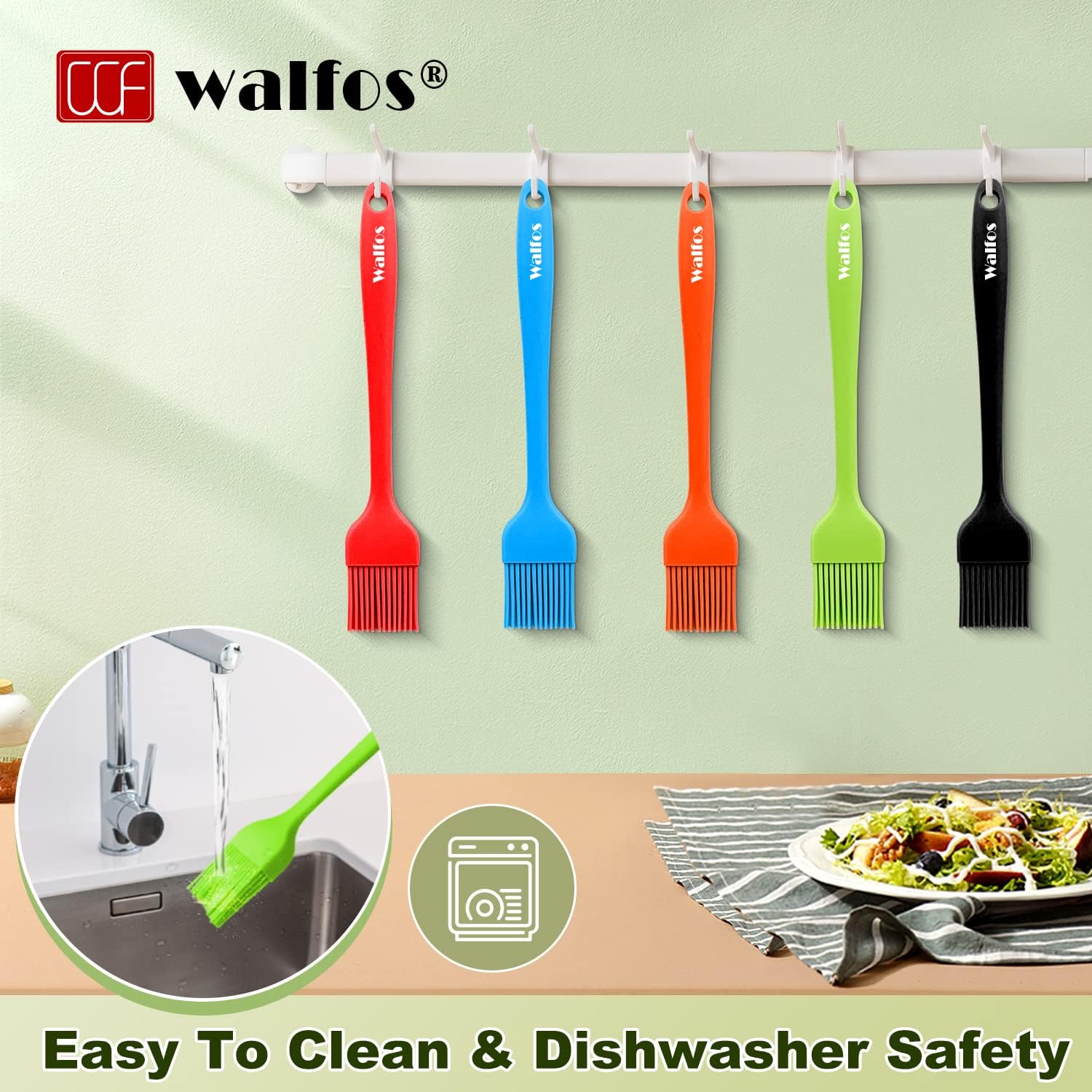 Walfos Silicone Pastry Brush, 600℉ Heat Resistasnt Basting Oil Butter Sauce Brush for Baking,BBQ Grill,Kitchen Cooking,BPA Free and Dishwasher Safe (5 Pcs)