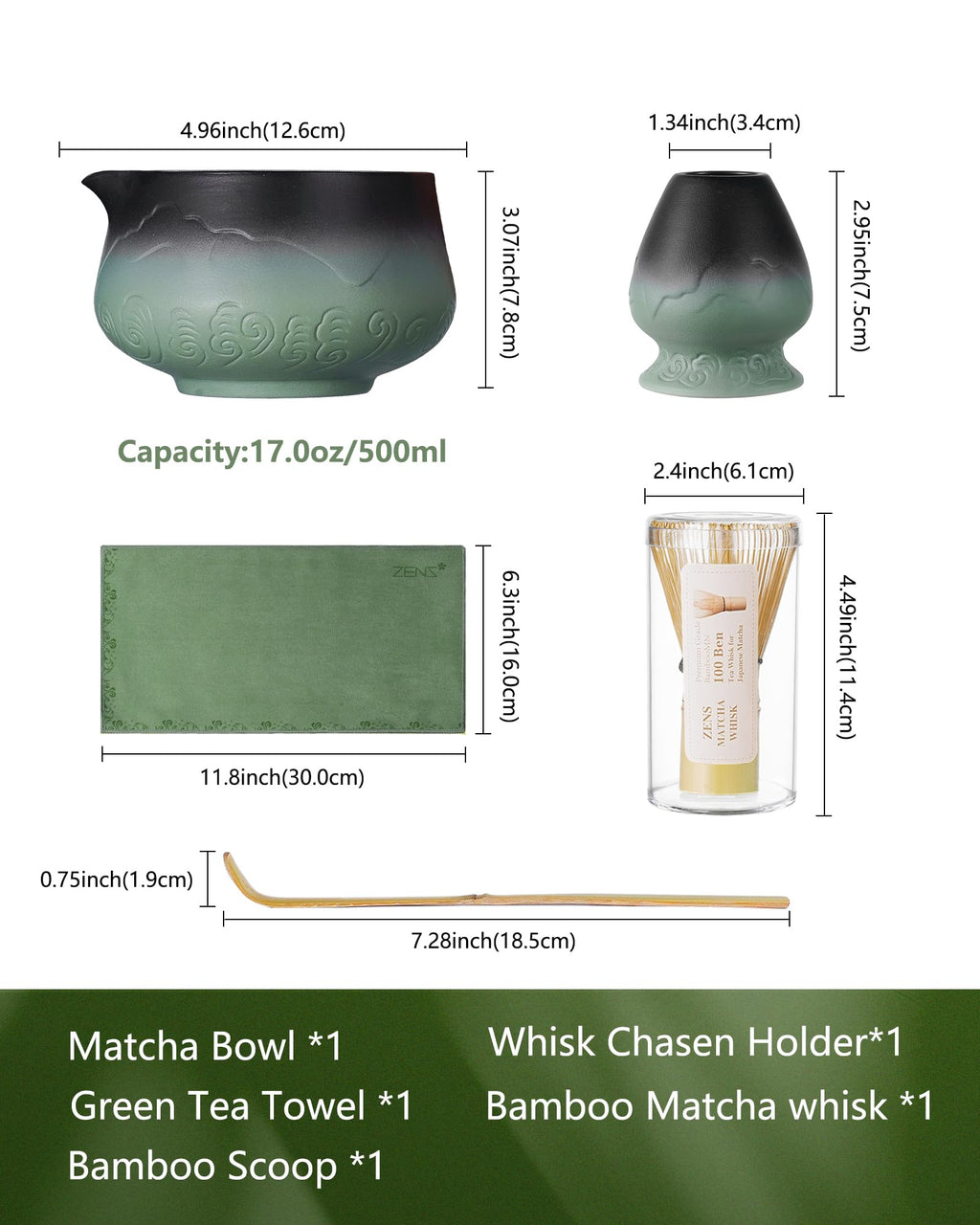ZENS Premium Matcha Whisk Set, 5pcs Matcha Kit with Matcha Tools, Green