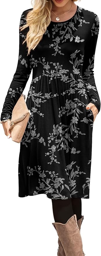DB MOON Women Casual Long Sleeve Dresses Empire Waist Loose Dress with Pockets (White Flower Black, L)