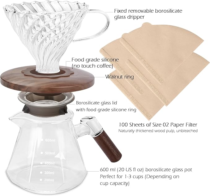 Lalord Pour Over Coffee Maker, 600ml/20oz Borosilicate Glass Set, Coffee Dripper with Walnut Collar, Glass Lid, 100 Paper Filters, 1-3 Cups, Clear
