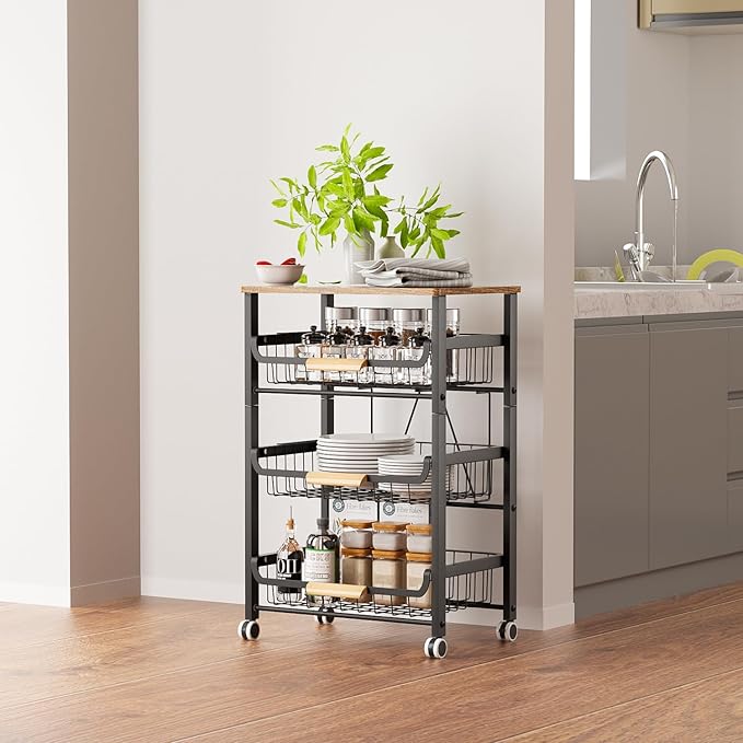 NiuYichee 4-Layer Fruit Basket Kitchen Food Storage Organizer and Storage Rack, Stackable Storage cart with Desktop, Pull-Out Hollow Metal Storage Basket, liding Out Storage,White