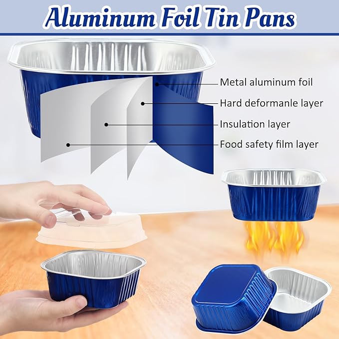 Aoriher 150 Pcs 10 oz Mini Cake Pans with Lids Aluminum Foil Baking Cup Disposable Square 4 x 4 Large Baking Tin, Muffin Pan Cheesecake Kitchen Brownie Pudding Desserts Holder(Sapphire Blue)