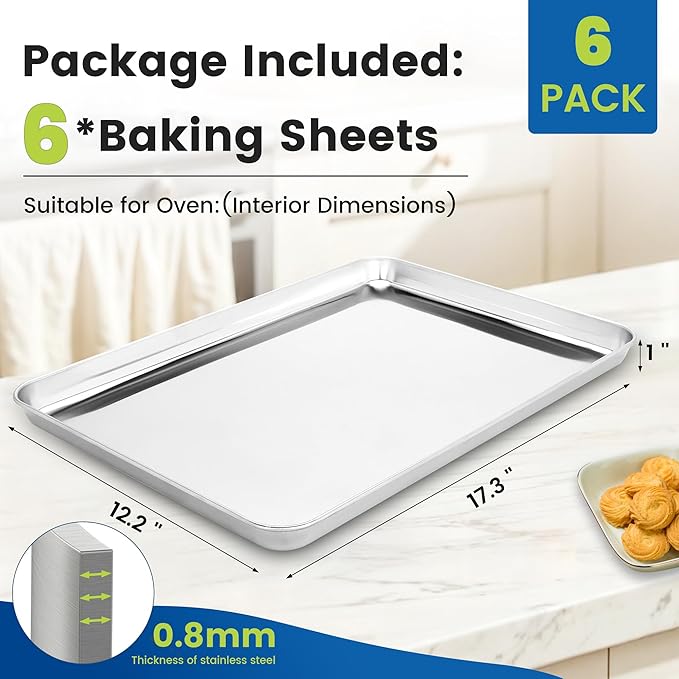 BIEAMA 6 Pack Stainless Steel Toaster Oven Baking Sheets, 17.3 x 12.2 in