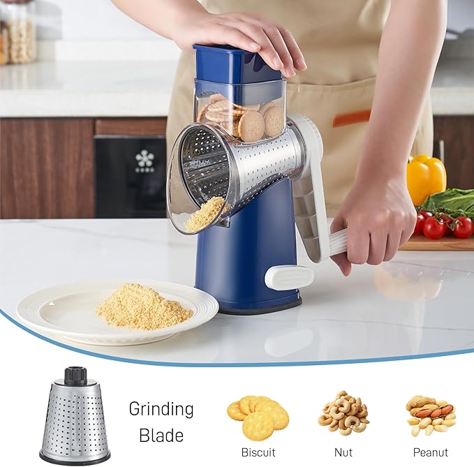 VEKAYA Rotary Cheese Grater Hand Crank, 4 blades Cheese Shredder (Blue)