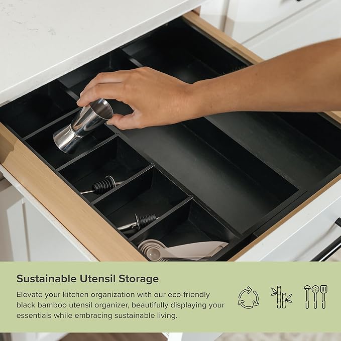 KitchenEdge Utensil & Junk Drawer Organizer, 10.5-19 in, Black Bamboo