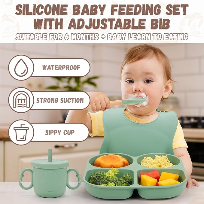 MIICASA Silicone Baby Feeding Set, Baby Led Weaning Supplies, Baby Food Tableware Silicone Suction Plate, Bowl, Spoons, Fork, Waterproof Bib, Cup & Complementary Food Cake Mold, Baby Eating Utensils