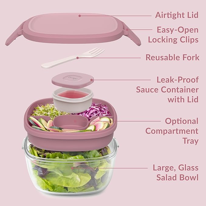 Bentgo Glass Salad Container with Airtight Lid & Leak-Proof Sauce Cup