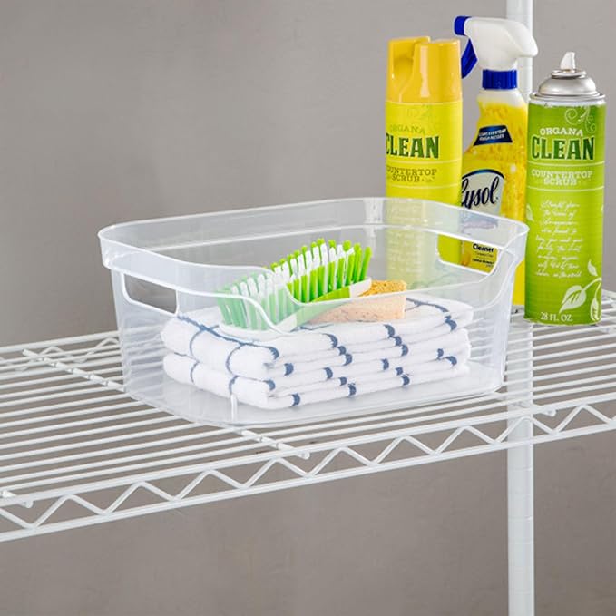 Sterilite 5.25x9.5x13 In Medium Polished Open Scoop Front Storage Bin w/Comfortable Carry Through Handles for Household Organization, Clear (24 Pack)