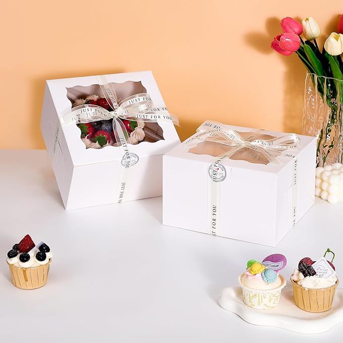 CHENZEM 28 Sets 6x6x5 Cake Box, White Cake Box with Window 6" White Cake boxes Round Boards, 6inch Cake Containers with Lids for Easter and Mother's Day Cheesecake, Cakes(6 * 6 * 5inch/28pcs)