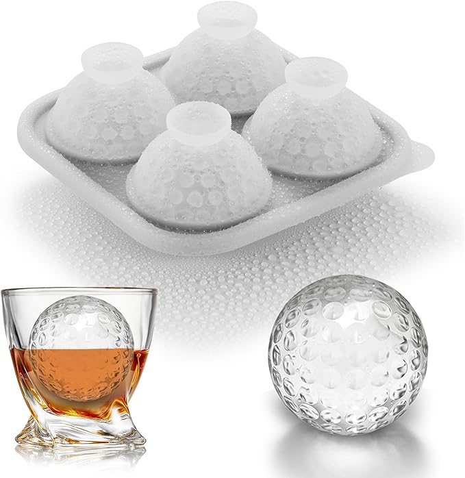 ACOOKEE Novelty Golf Gifts Ball Ice Maker Mold, 2.2" Large Sphere Round Ice Cube Mold for Cocktails, Whiskey, Bourbon Chilling, 4 Hole Fun Shapes Big Silicone Circle Ice Cube Trays