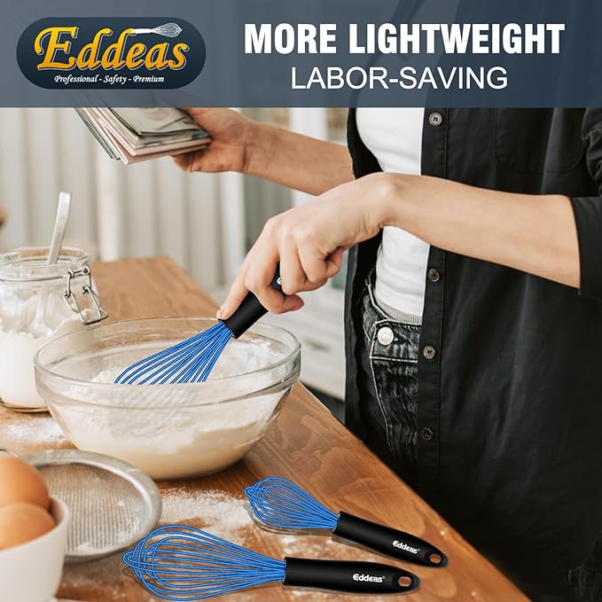 Eddeas Silicone Whisk, Non Scratch Whisk for Cooking, 5+7+9+11in Balloon Whisks, Suitable for Mixing, Blending. 11in Flat Whisks great for Ceramic Coated pans and Wider shallower pots. (Blue)