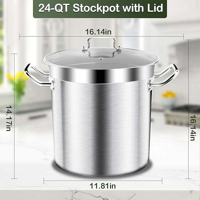 Stainless Steel Stock Pot-24QT Heavy Duty Induction Cooking Pot with Lid,Big Stockpot, Deep Cookware Commercial Grade Stock Pot & Stockpots for Boiling Cooking Soup Stew Canning Cooking Pots