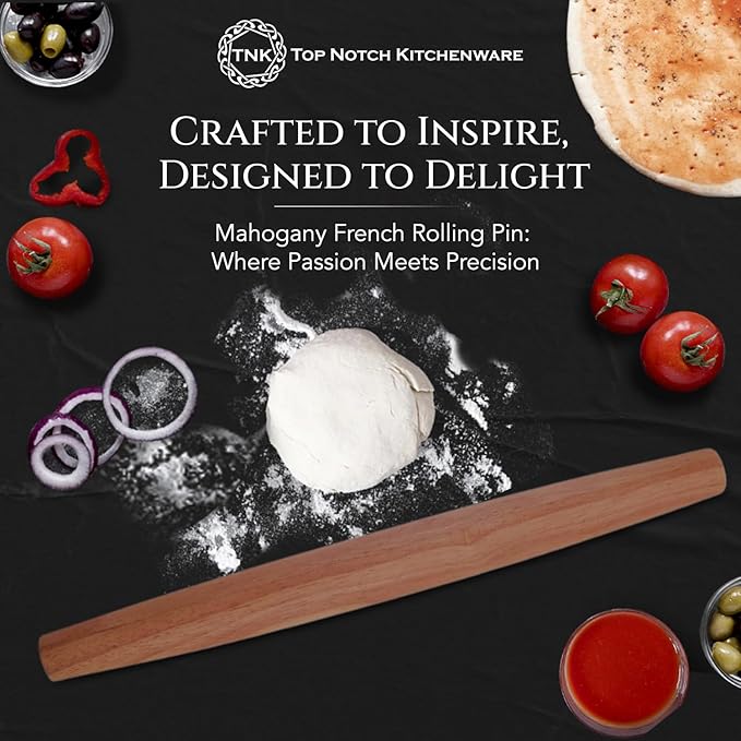 Mahogany French Rolling Pin | Non-Stick Kitchen Tool | Tapered Solid Wood Design for Precise Baking | Ideal for Professional & Home Bakers