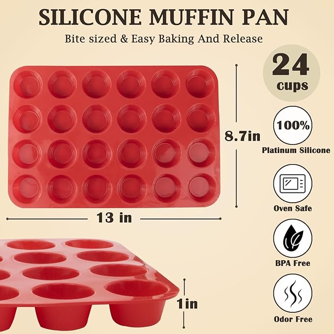 LERIYUFS 24 Cups Silicone Mini Muffin Pan Set, Nonstick Mini Cupcake Pans, BPA Free Small Muffin Tin for Baking, Set of 2 (Red+Red)