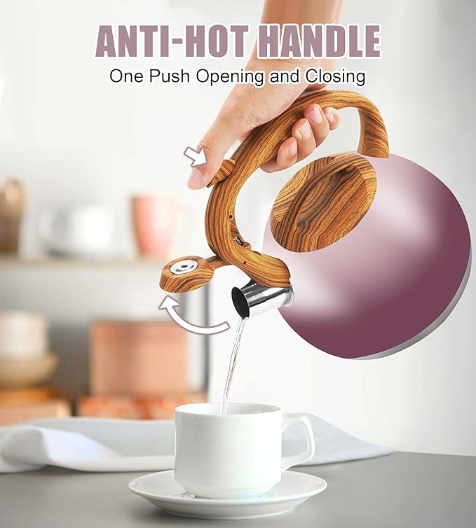 Foedo Tea Kettle for Stove Top, 3.2QT Whistling Tea Pots with Wood Parttern Handle, Stainless Steel Teapot for Home and Kitchen (Purple Gradient)