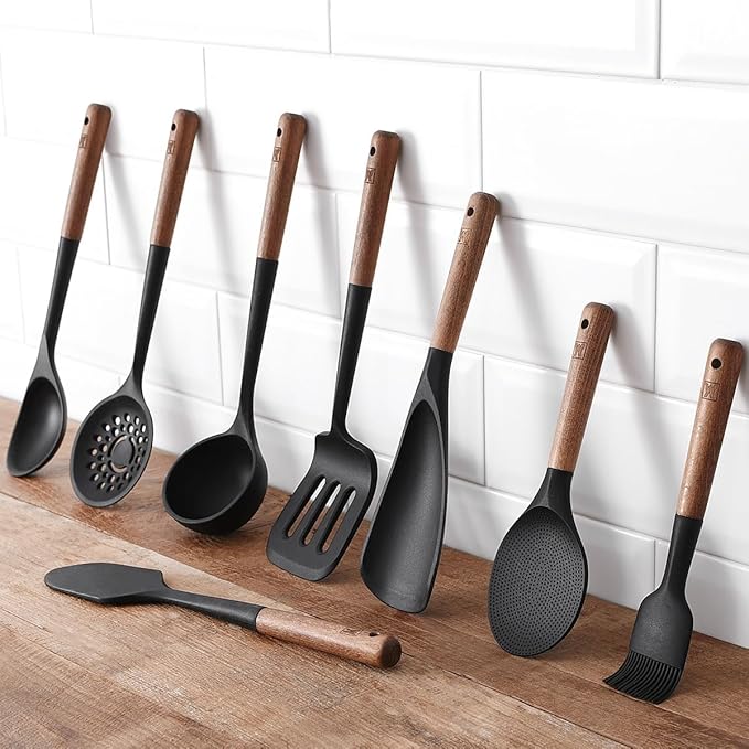 WAGENSTEIGER Silicone Long Head Cooking & Serving Spoon with Wooden Handles: Multi-Functional Design, Silicone Rounded Spatula for Mixing, Scoop, and Scrape, Great for Stir Frying