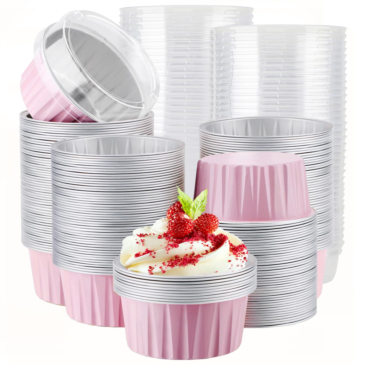 EUSOAR Cupcake Liners for Baking, 50pcs 5oz Muffin Liners, Disposable Foil Ramekins, Dessert Containers, Aluminum Foil Baking Cupcake Cups Holders Pans with Lids 5 Colors Mixed